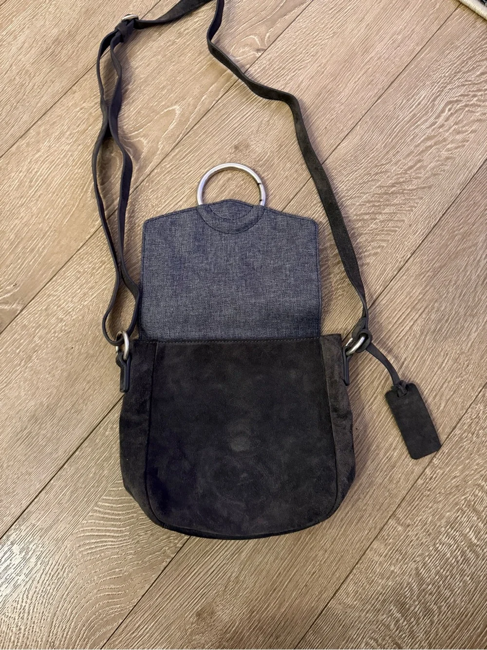 Trask Gray Suede & Leather O-Ring Flap Crossbody Bag